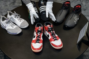 A pair of basketball legend Michael Jordan's famous Air Jordans from his rookie season are seen on A...