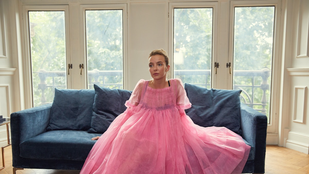 Villanelle in her iconic pink dress on 'Killing Eve,' one of her best outfits on the show.