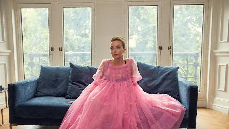 Villanelle in her iconic pink dress on 'Killing Eve,' one of her best outfits on the show.