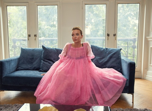 Villanelle in her iconic pink dress on 'Killing Eve,' one of her best outfits on the show.