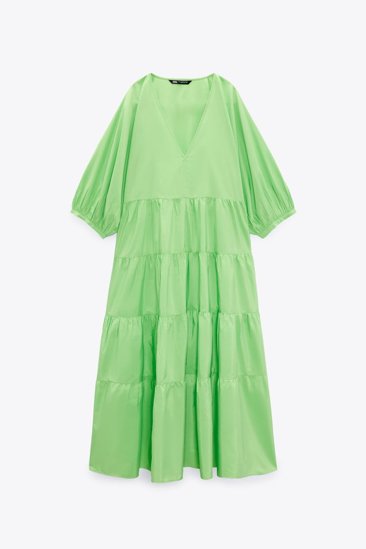 Non-Maternity Dress Brands Zara green tiered cotton poplin midi