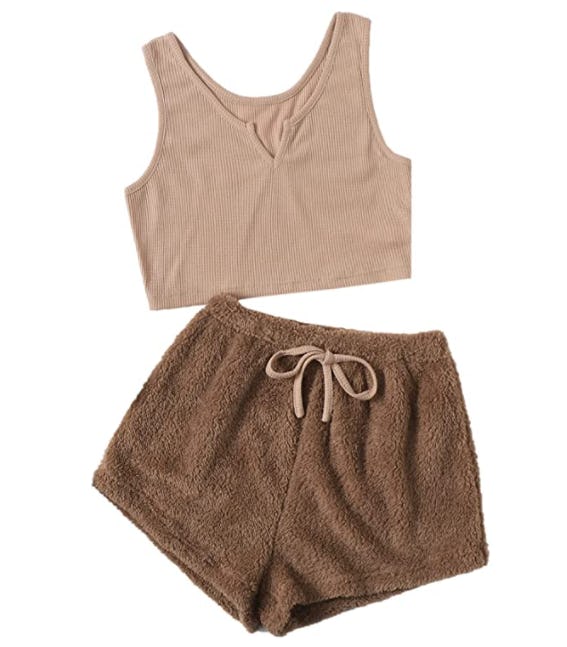Verdusa 2 Piece Notched Tank Top &amp; Teddy Shorts Pajama Set