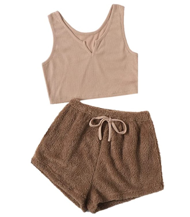 Verdusa 2 Piece Notched Tank Top & Teddy Shorts Pajama Set