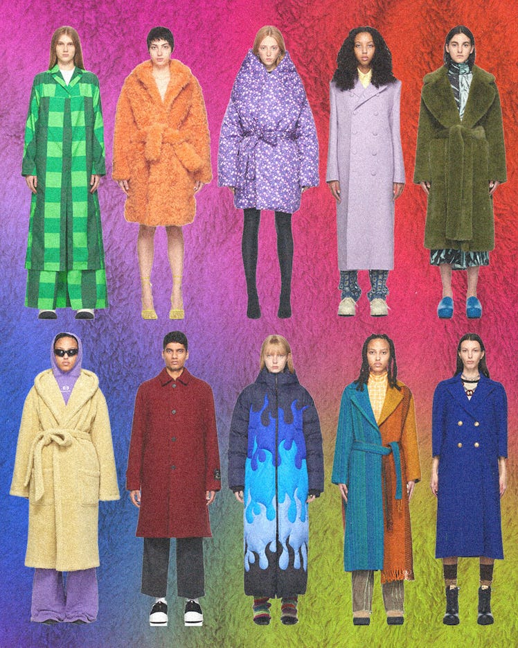 ten models wearing different brightly colored coats