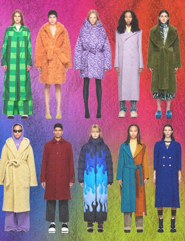 ten models wearing different brightly colored coats