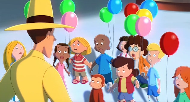 George stands amid a group of children holding balloons. The Man with the Yellow Hat's back is visib...