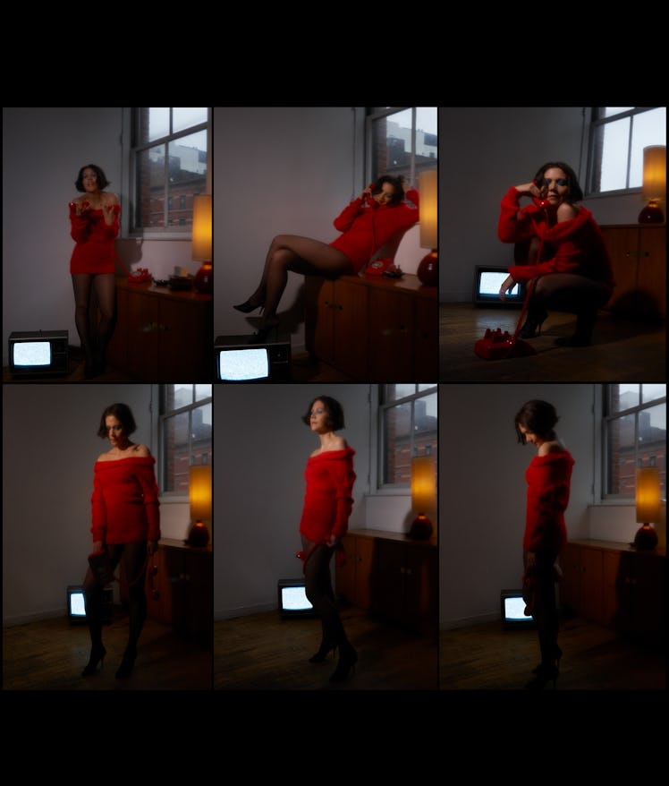 A six-part collage with Maggie Gyllenhaal posing in a short red dress