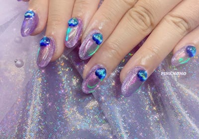 purple nails with blue 3D hearts