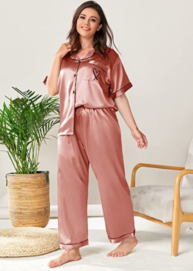 Romwe Plus Size 2 Piece Satin Button Down Pajama Set