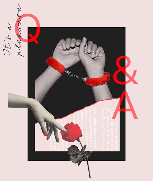 Hands cuffed with sex toy hand cuffs in collage with a Q&A sign