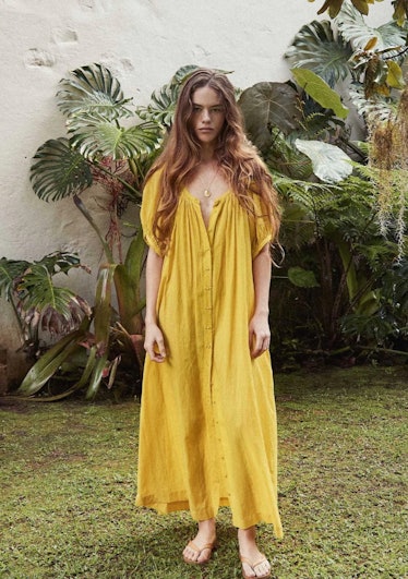 Non-Maternity Dress Brands Dôen yellow button-down maxi dress puff sleeves
