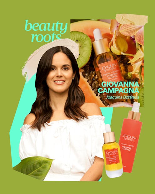 A collage with Giovanna Campagna, founder of Joaquina Botanica, a Latinx skin care brand and her pro...