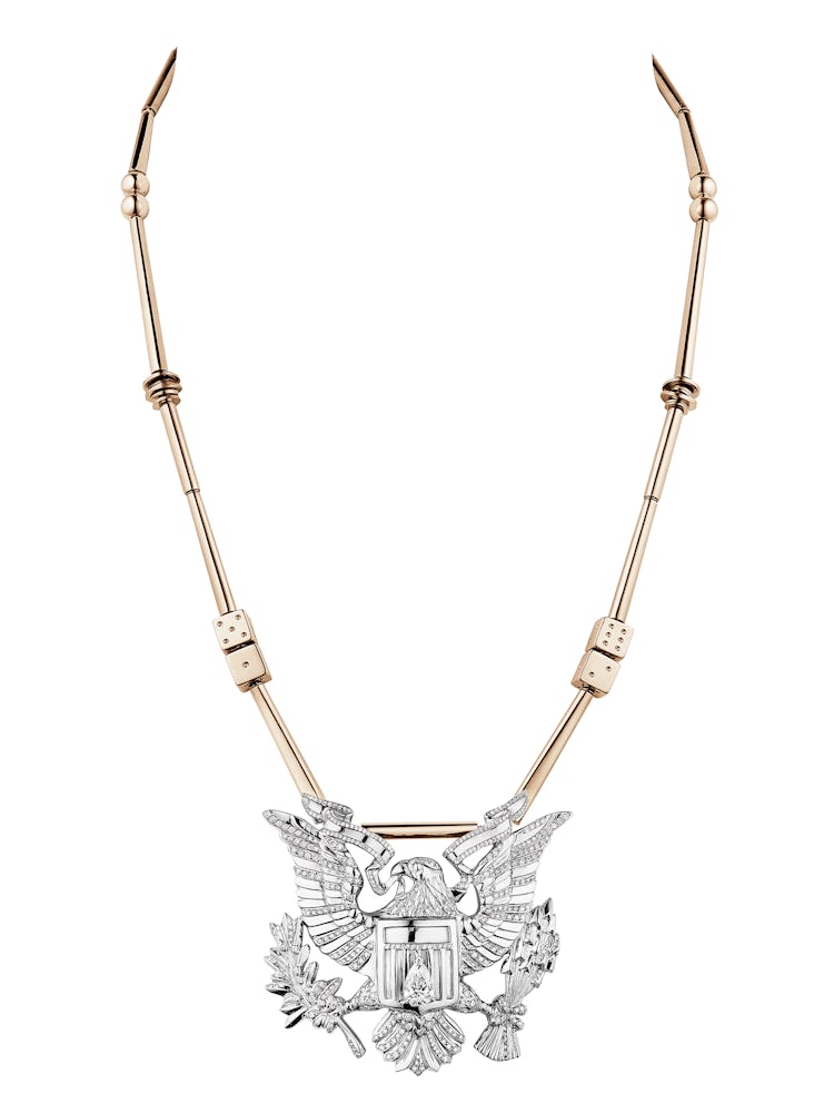 Repossi’s Americana Eagle necklace with a gold chain and silver eagle
