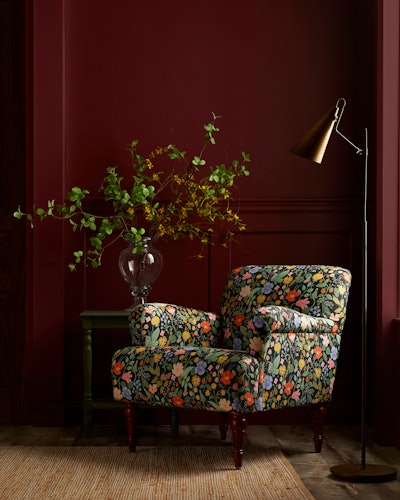 Rifle Paper Co.'s new furniture collection features upholstered, printed chairs