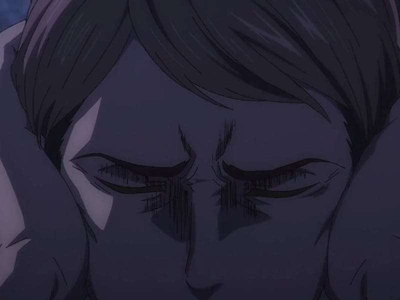 A close-up of a character from Attack on Titan season 4 part 2 episode 10 in distress