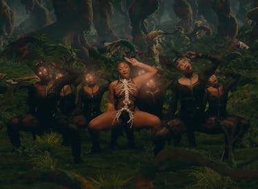 Megan Thee Stallion wearing a bedazzled spine in the Sweetest Pie video