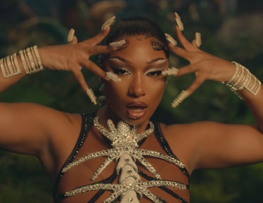 Megan Thee Stallion wearing nails decorated with spines in the Sweetest Pie video