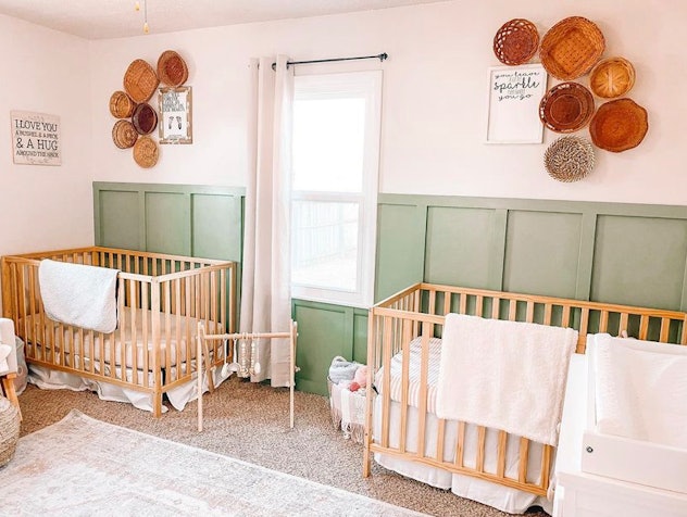 neutral nursery ideas: twin nursery with wainscotting and basket art