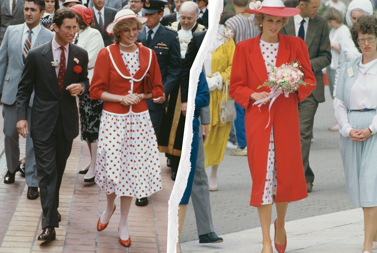 Princess Diana rewearing Catherine Walker Red Spotted Dress & Jan Van Velden Red Coat