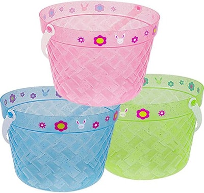 These plastic Easter Baskets come in pink, blue, or green.