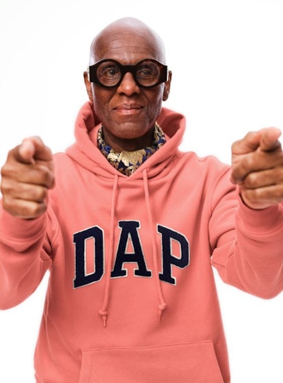 Dapper Dan wearing his Gap "Dap" hoodie
