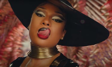 Megan Thee Stallion licking her lips in the Sweetest Pie video