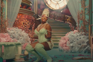 Megan Thee Stallion with a white beehive in the Sweetest Pie video