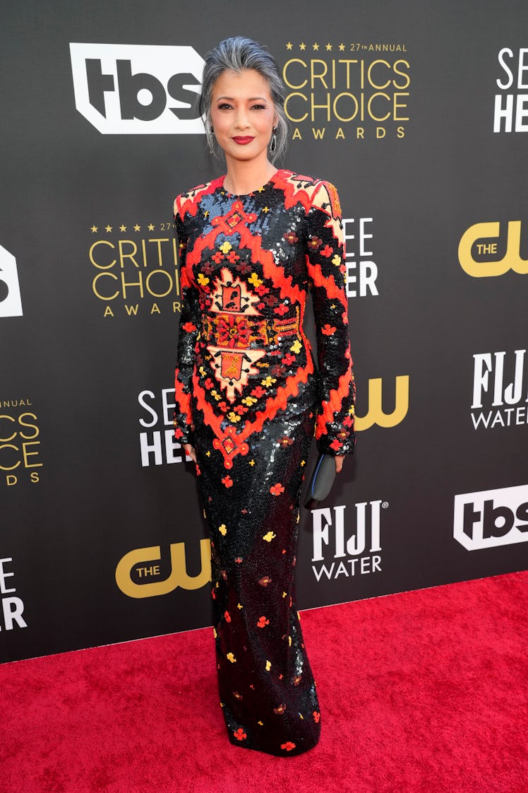Kelly Hu wearing a patterned column dress at the Critics Choice Awards 2022