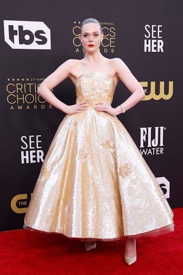Elle Fanning posing with her hands on her hips at the Critics Choice Awards 2022
