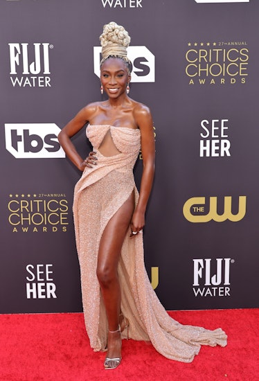 Angelica Ross wearing a strapless pale pink gown at the Critics Choice Awards 2022