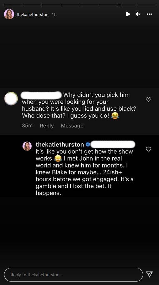 Former &lsquo;Bachelorette&rsquo; Katie Thurston shared an exchange she&rsquo;d had with a fan in which she pointed ou&hellip;