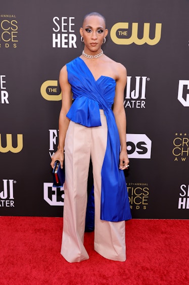 Michaela Jaé Rodriguez wearing a blue and pale pink ensemble at the Critics Choice Awards 2022