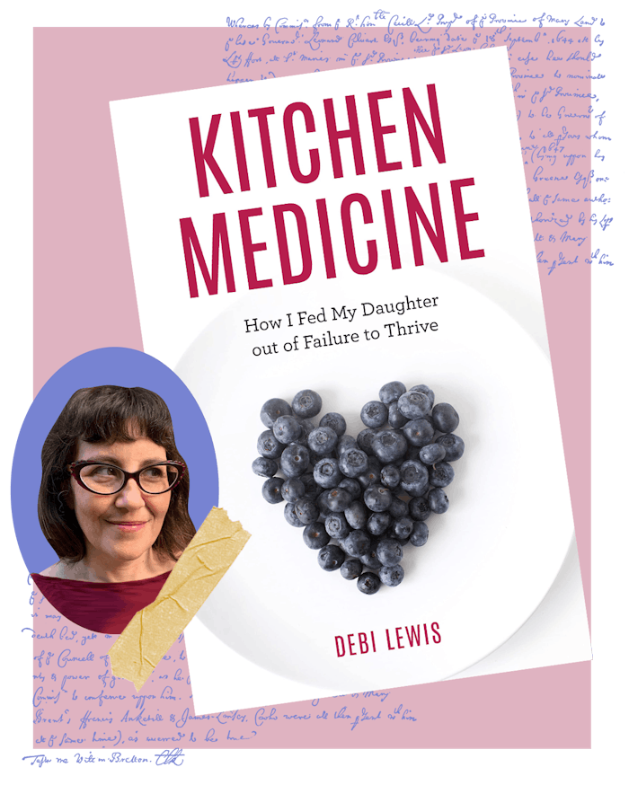 Cover of "Kitchen Medicine" book by Debi Lewis and Debi Lewis posing for a photo