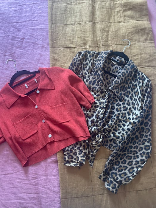 Flat-lay image of a cropped coral sweater and a leopard print top.
