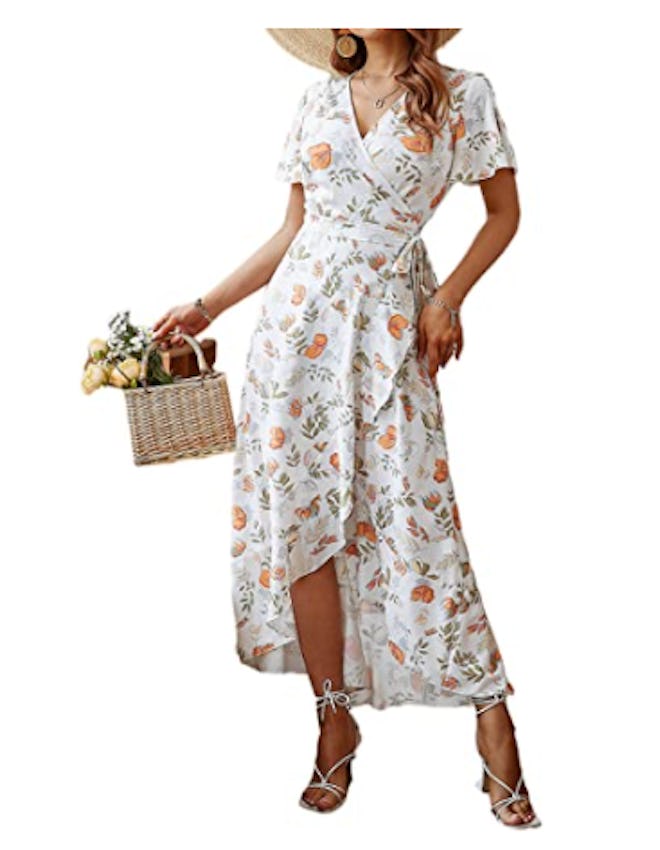 BerryGo V Neck Ruffle Wrap Maxi Dress