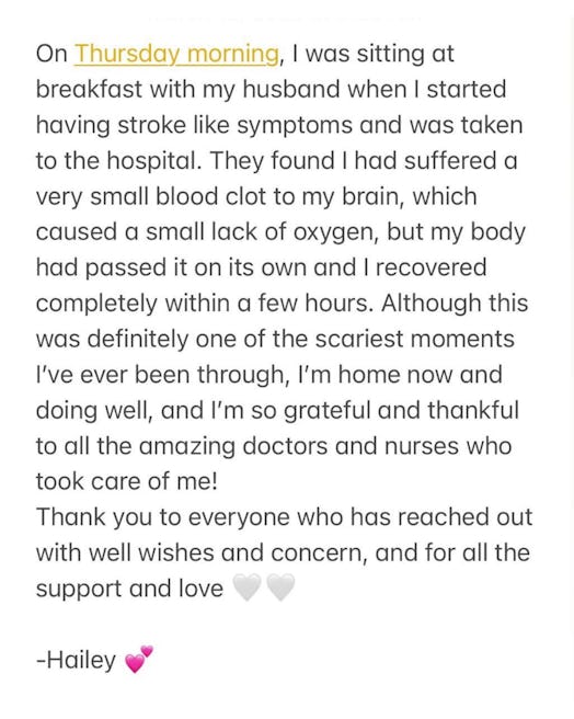 Hailey Bieber's note to her followers about having a blood clot