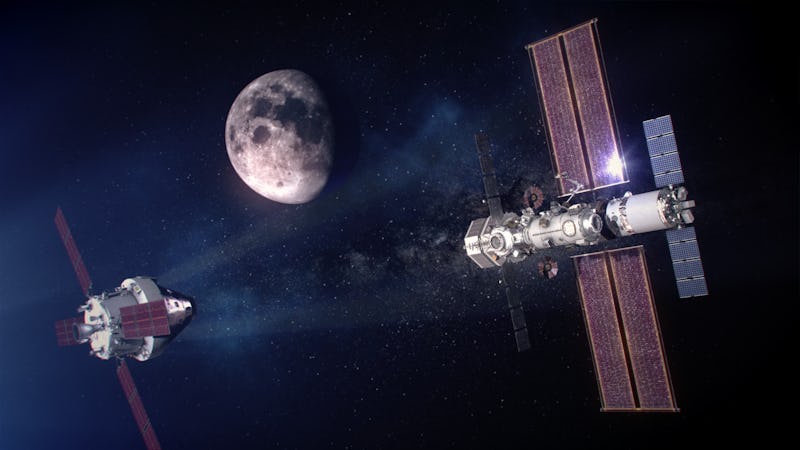 A digital illustration of a satellite and the Lunar Gateway orbiting near the Moon
