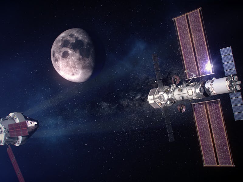 A digital illustration of a satellite and the Lunar Gateway orbiting near the Moon