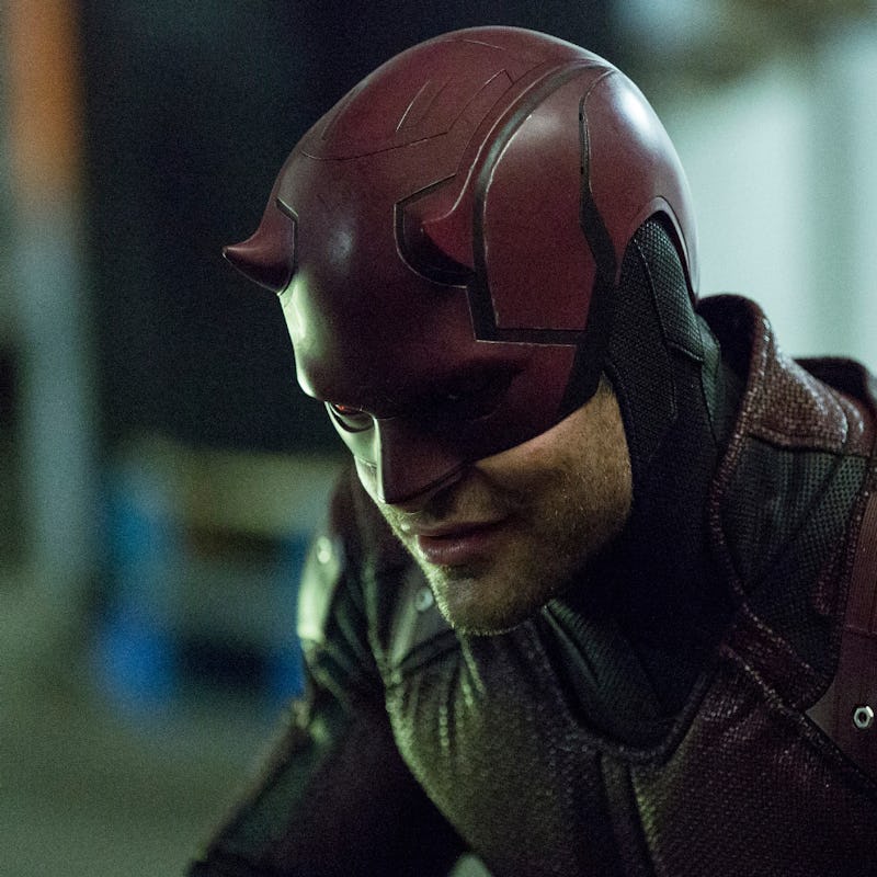 A video of Charlie Cox as Matt Murdock in the show Daredevil wearing a mask