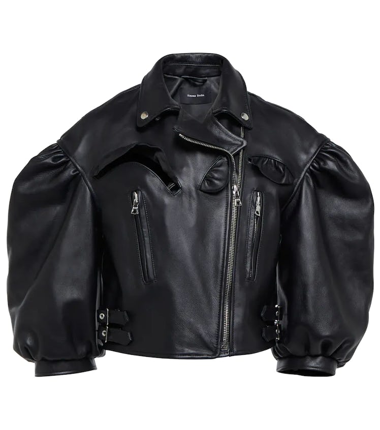 Simone Rocha Ruffle Trimmed Leather Biker Jacket