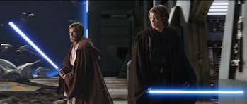 Ewan McGregor as Obi-Wan Kenobi and Hayden Christensen as Anakin Skywalker in Star Wars: Episode III...