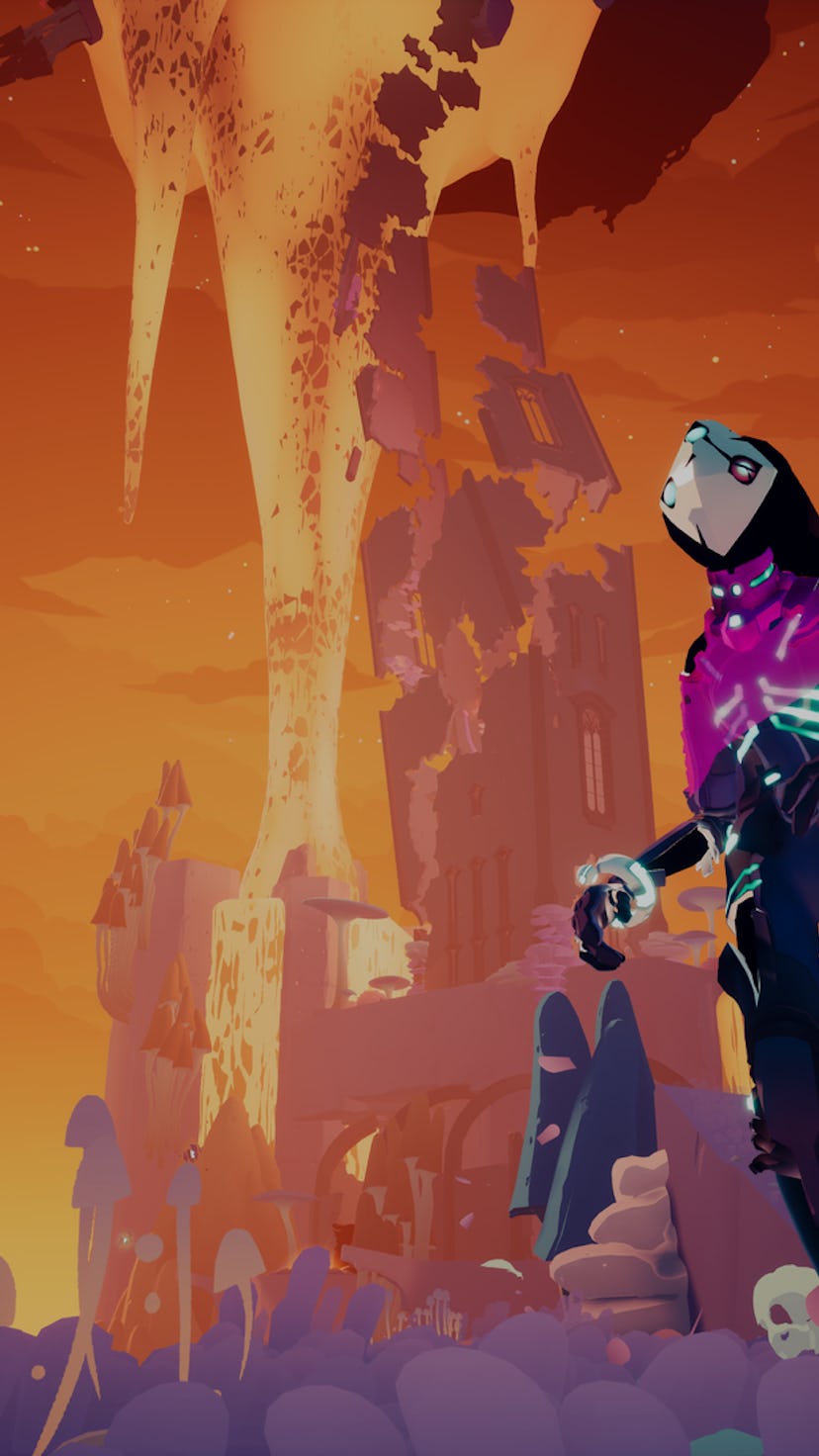 A screenshot from the game Solar Ash showing a futuristic looking person standing against an orange ...