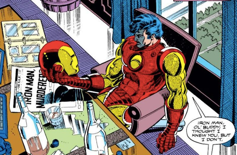 A comic book illustration of  Tony Stark looking at his Iron Man mask 