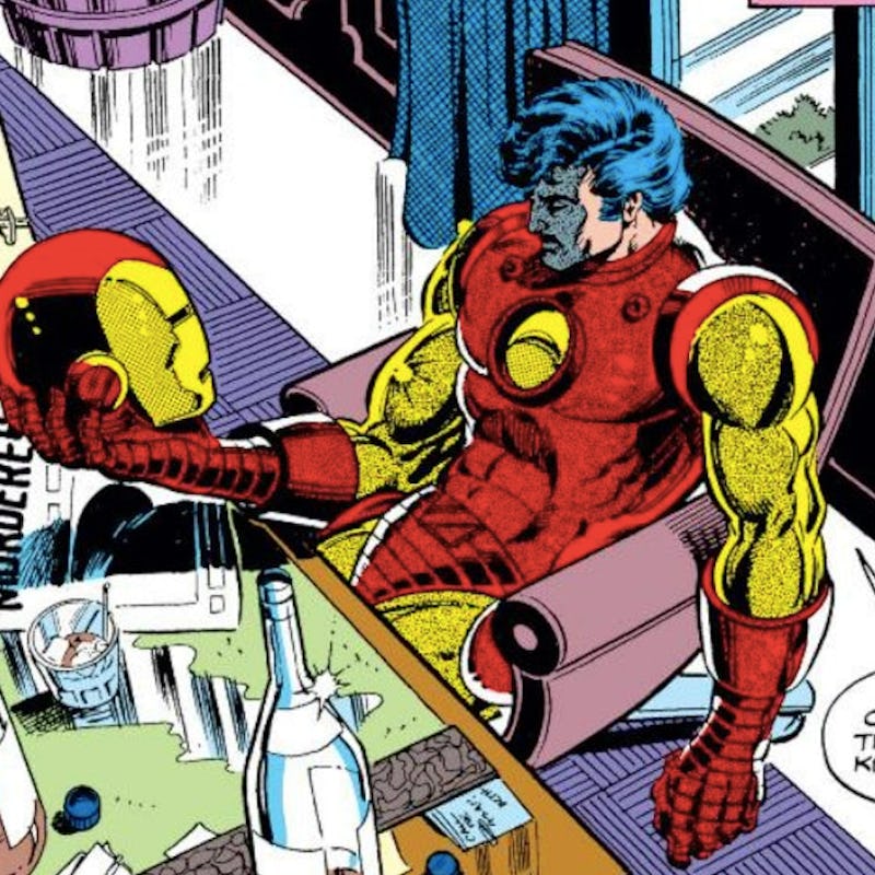 A comic book illustration of  Tony Stark looking at his Iron Man mask 