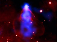 A small, powerful star that has unleashed 40 trillion mile-long beam of anti-matter in red and blue ...