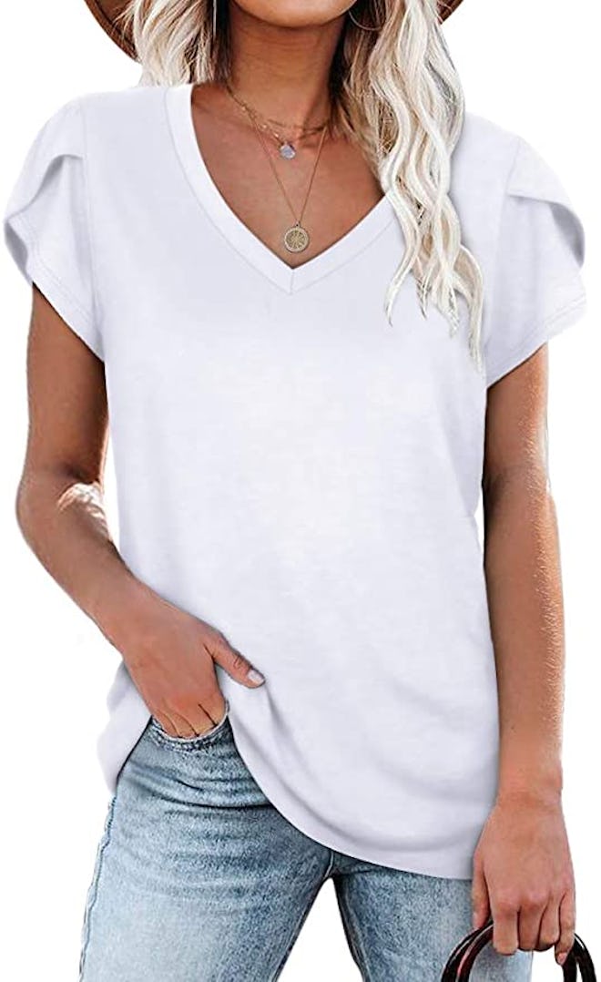 WIHOLL V Neck Petal Sleeve T-Shirt