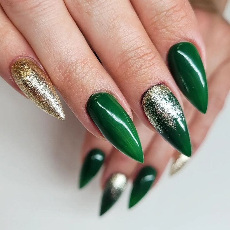 Consider stiletto tips decked out in emerald green with gold sparkly accents.