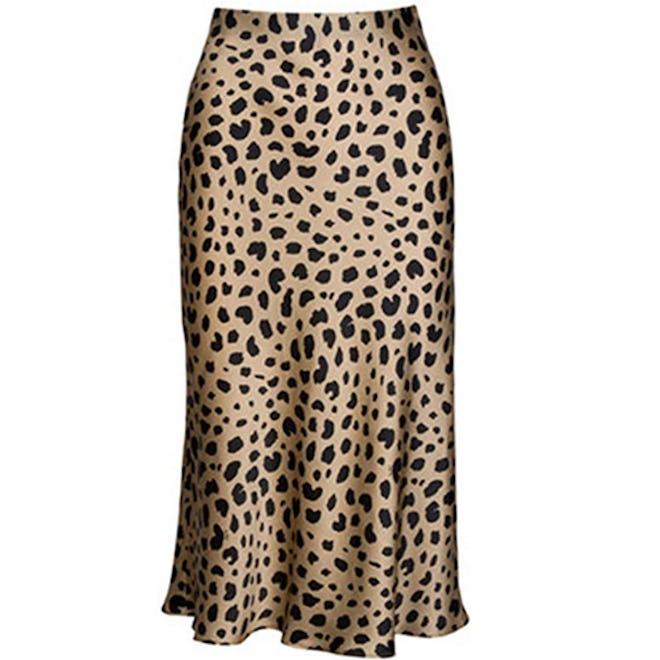 Soowalaoo High Waist Leopard Midi Skirt