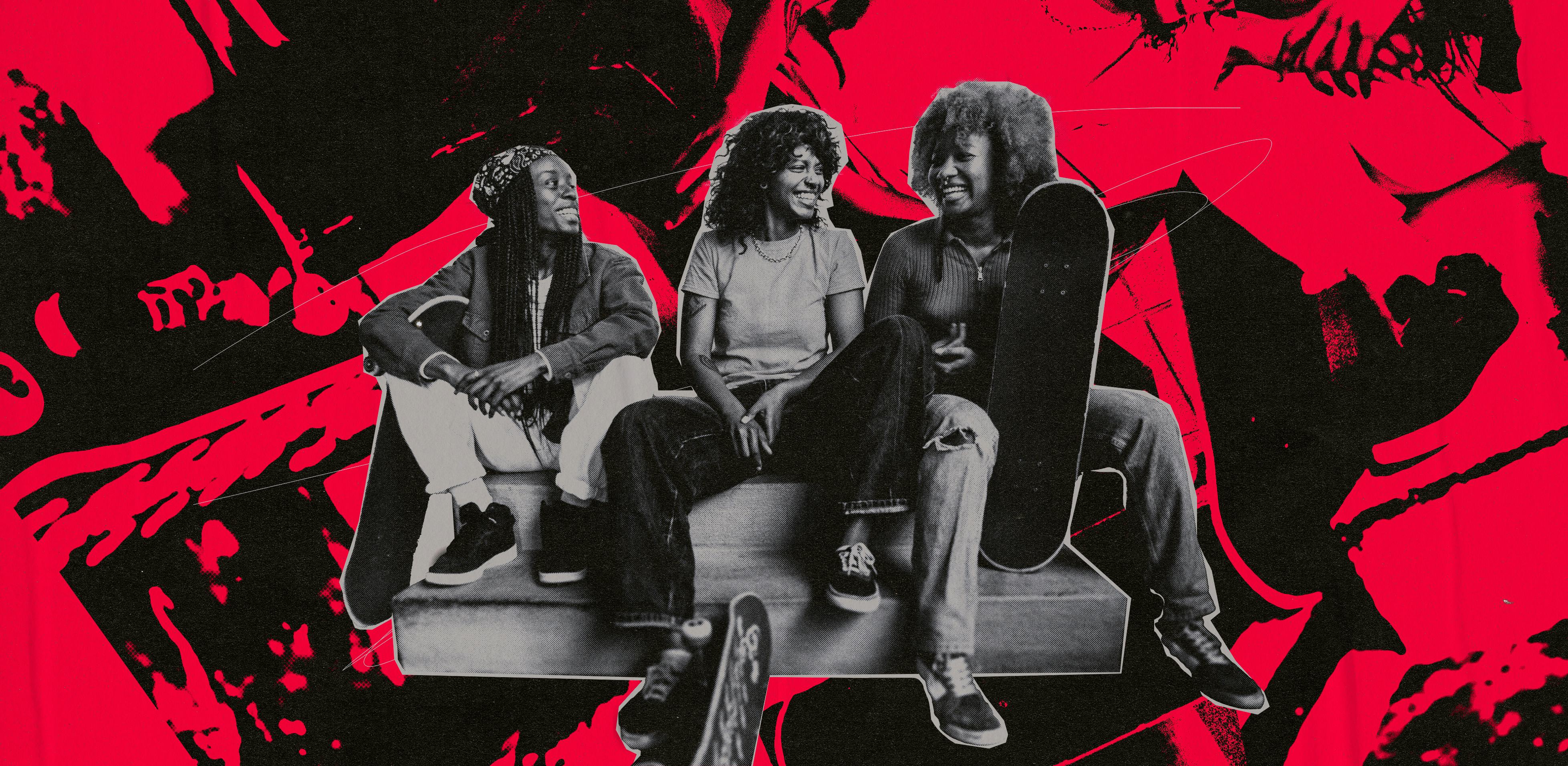Black and white photo of 3 skateboarders sitting down with a red and black background for Amplifying...