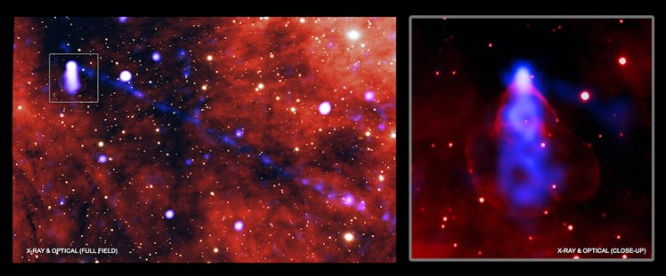 A small, powerful star has unleashed a 40 trillion mile-long beam of anti-matter in red and blue in ...